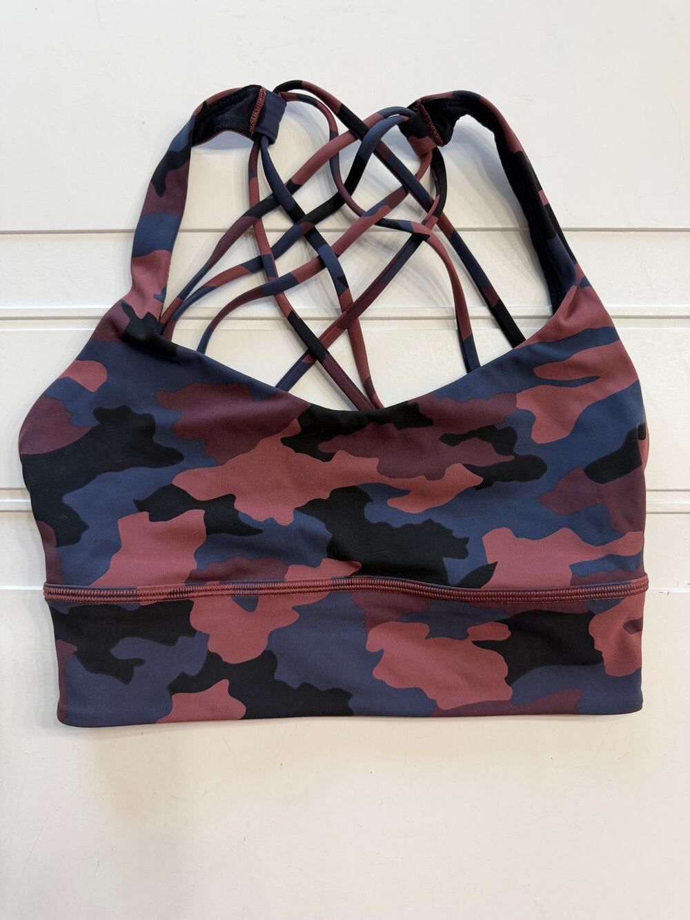 Lululemon Womens Sz 4 Energy Longline Strappy Criss Cross Red Camo Sports Bra